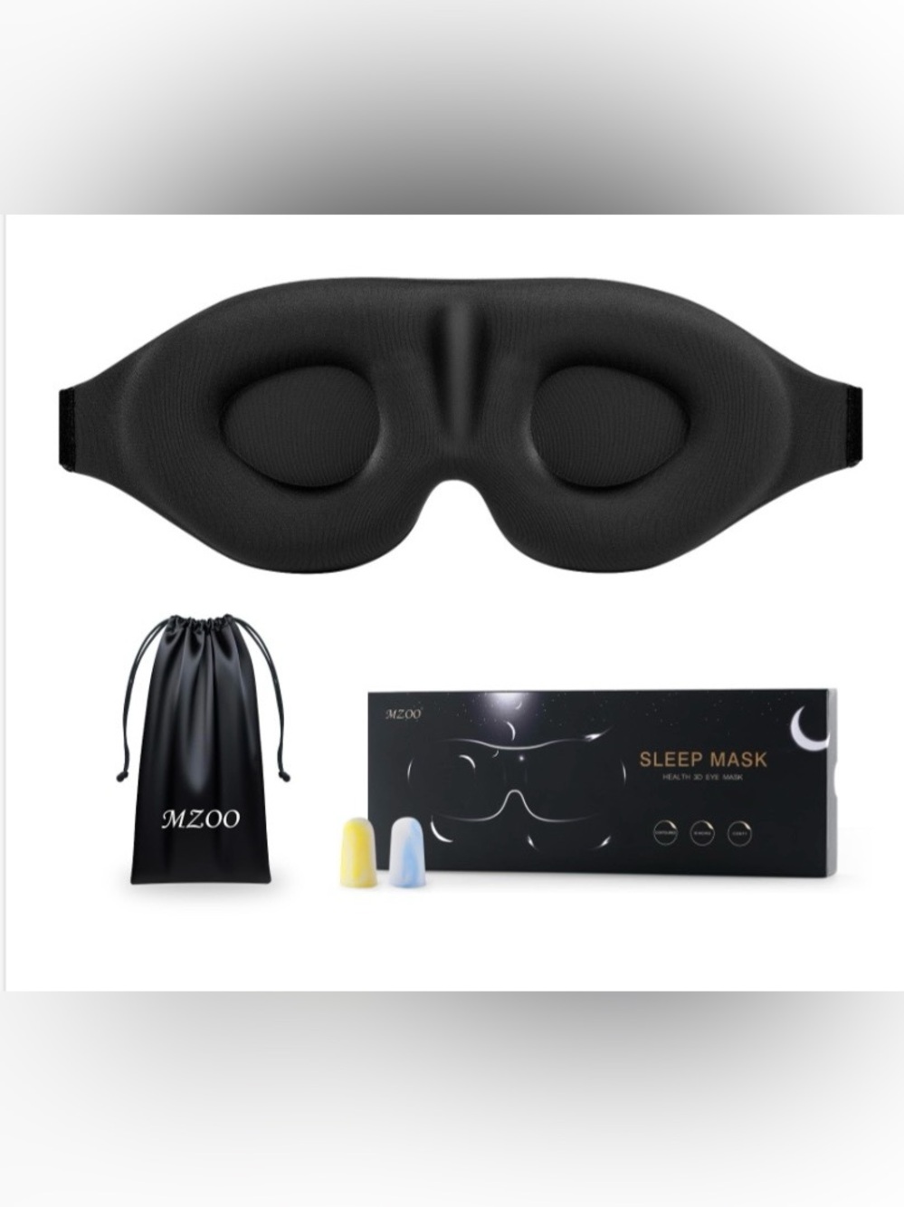 100% Blackout 3D Sleep Mask with Ear Plugs & Travel Bag - BLACK